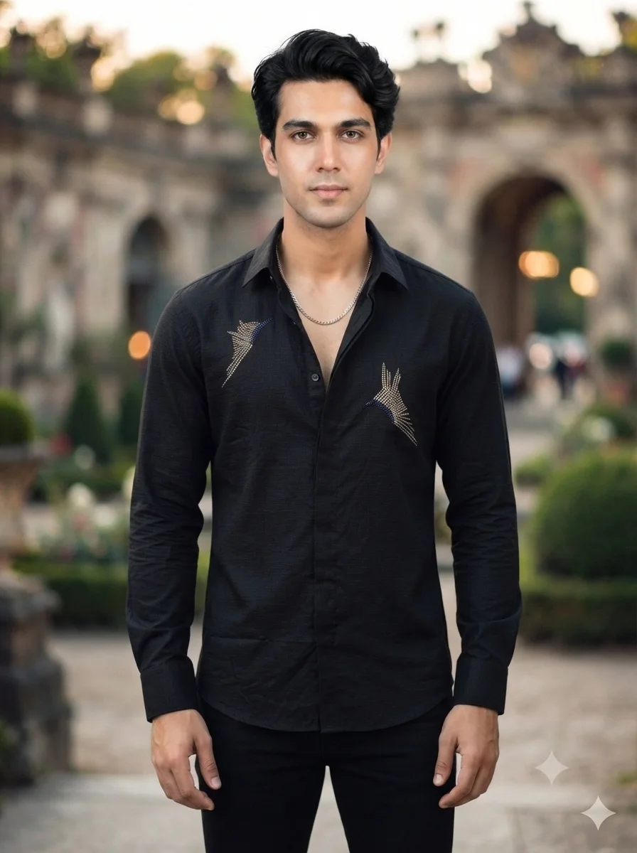 1787128373399 Men's Stylish Black Partywear Stone Shirts - Image 1