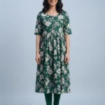 Women's Casual Forest Green Floral Umbrella Kurti Top