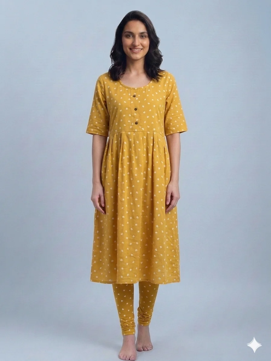 1781871934225 Women's Yellow Semi Solid Umbrella Kurti Top - Image 1