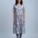 Women's Light Blue Floral Printed Umbrella Kurti Top