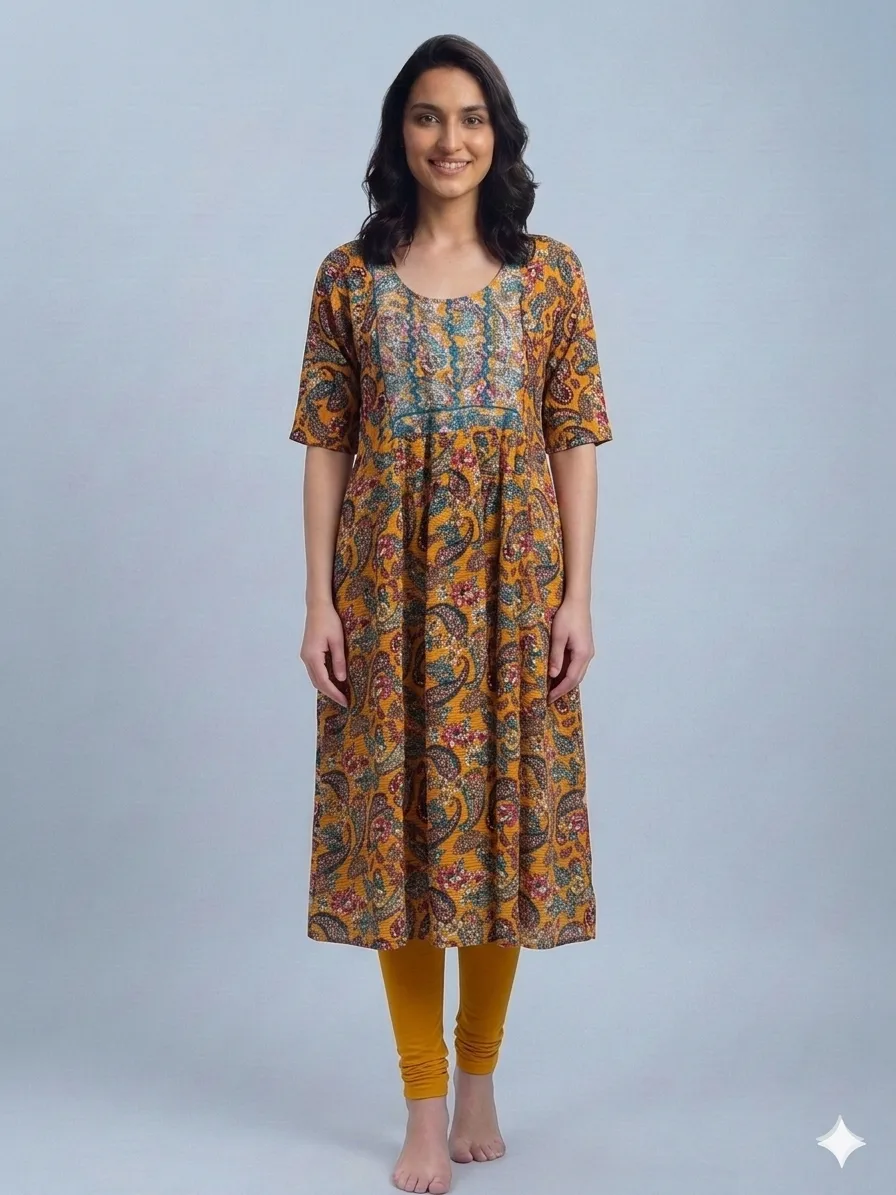 1781873015108 Women's Yellow Printed Umbrella Kurti Top - Image 1