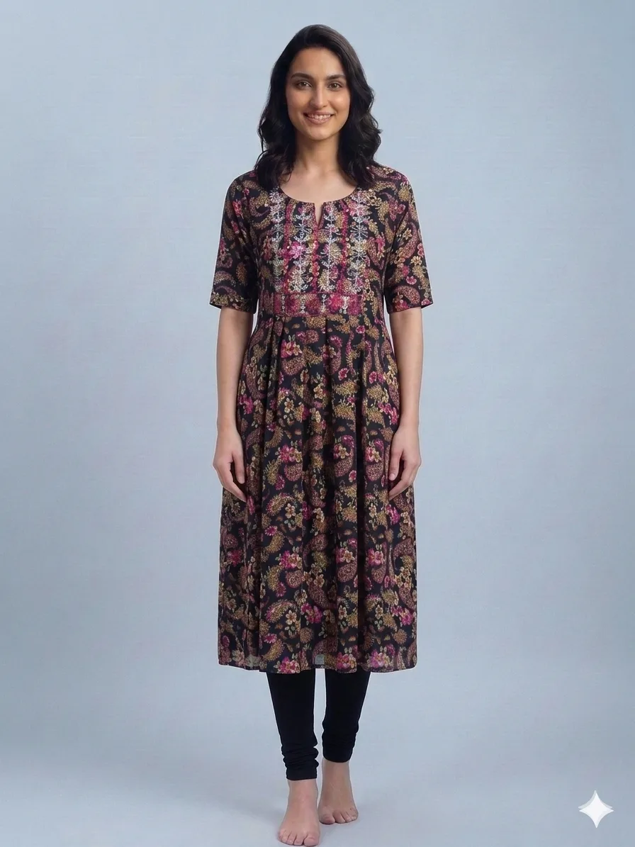 1781873144270 Women's Trendy Multicolour Printed Umbrella Kurti Top - Image 1