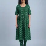 Women's Green Semi Solid Umbrella Kurti Top