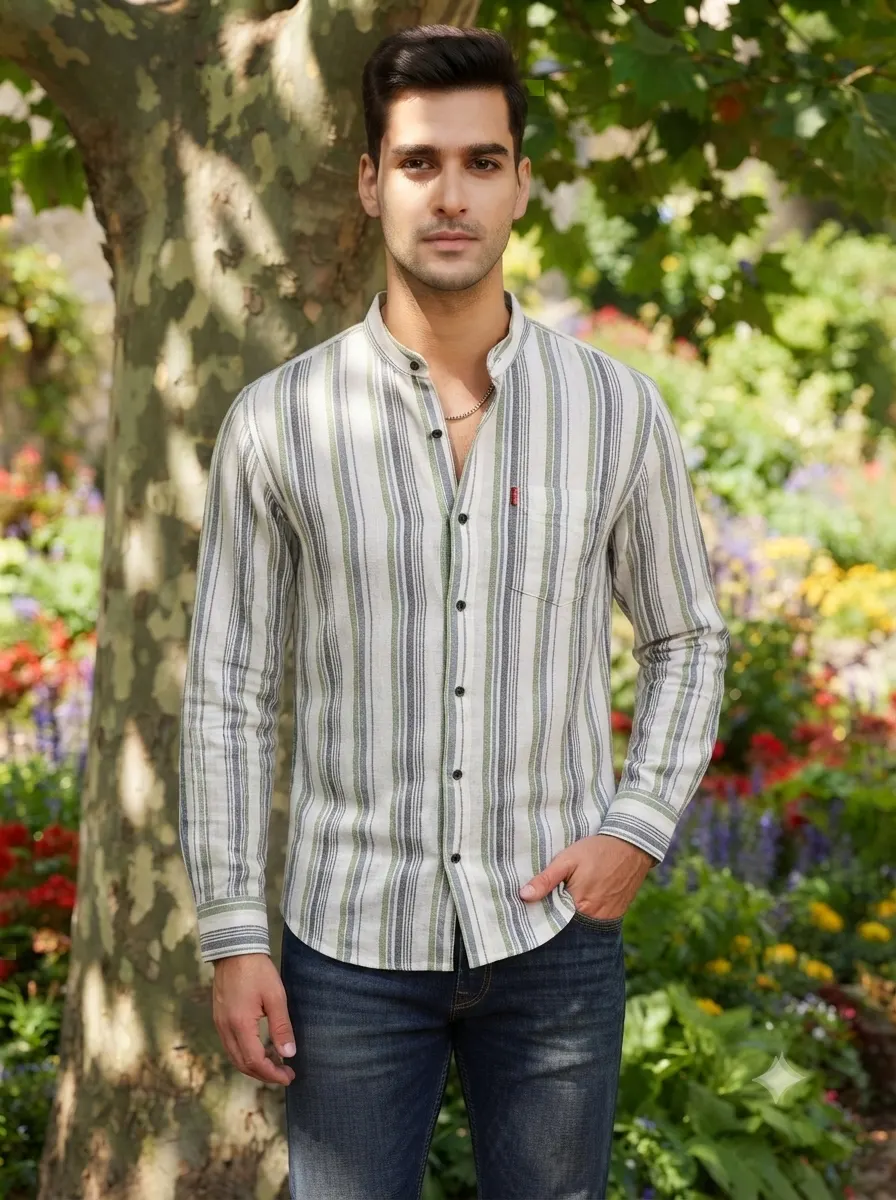 1787108398393 MEN'S MANDARIN COLLAR MOKLINO STRIPED SHIRTS - Image 1