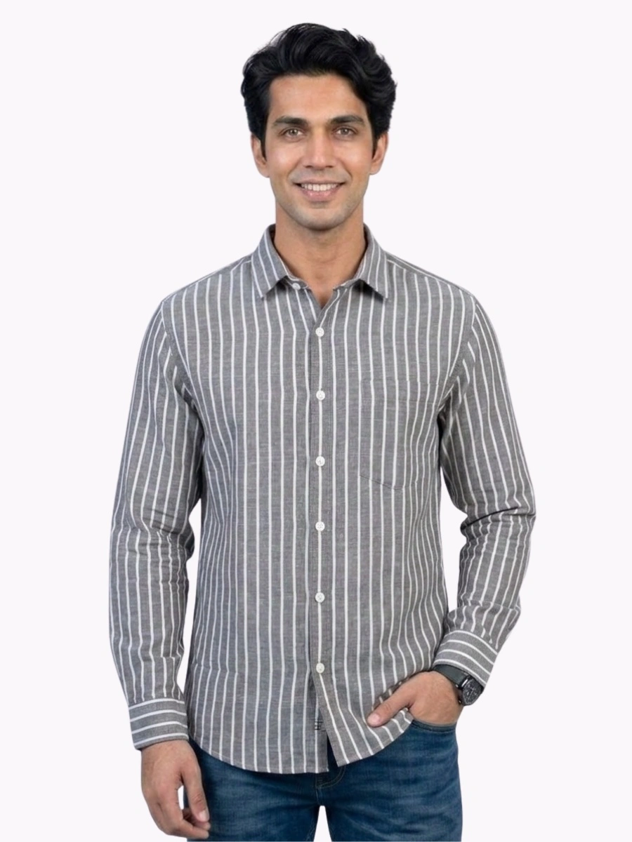 26 Men's Premium Linen Grey Striped Shirts - Image 1
