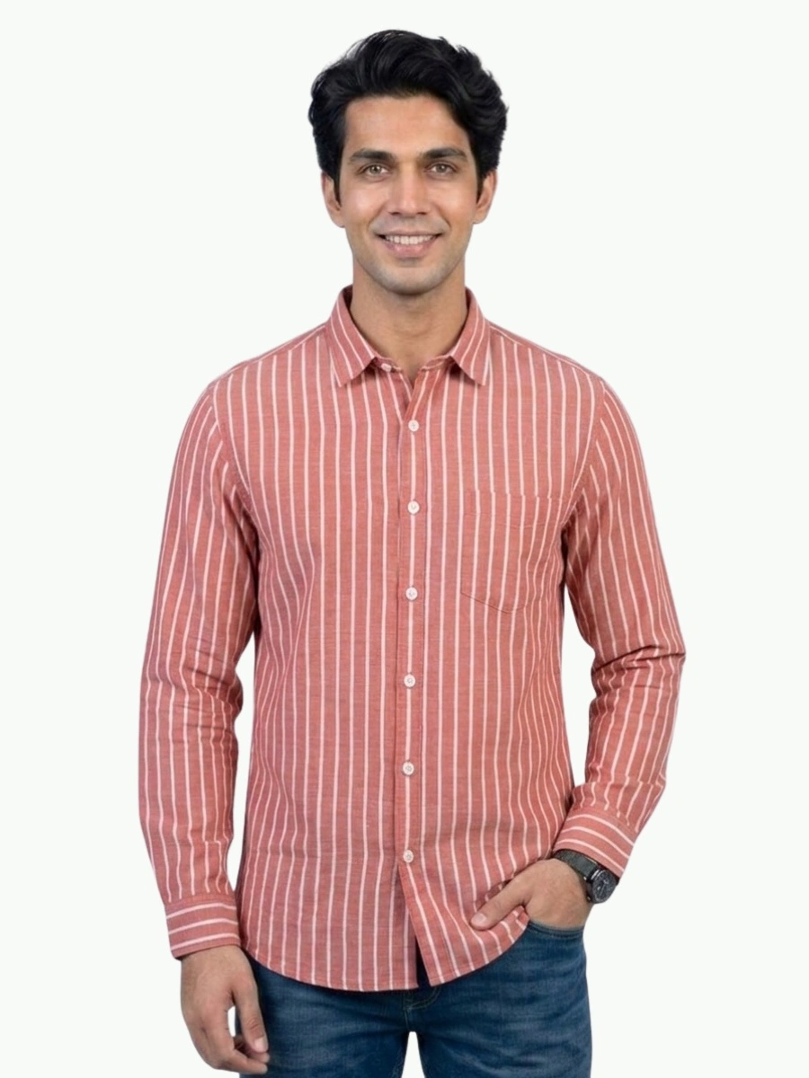 27 Men's Premium Linen Dark Red Striped Shirts - Image 1