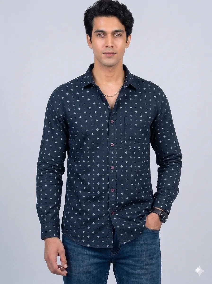 1786893267969 Men's Dark Blue Printed Shirts - Image 1