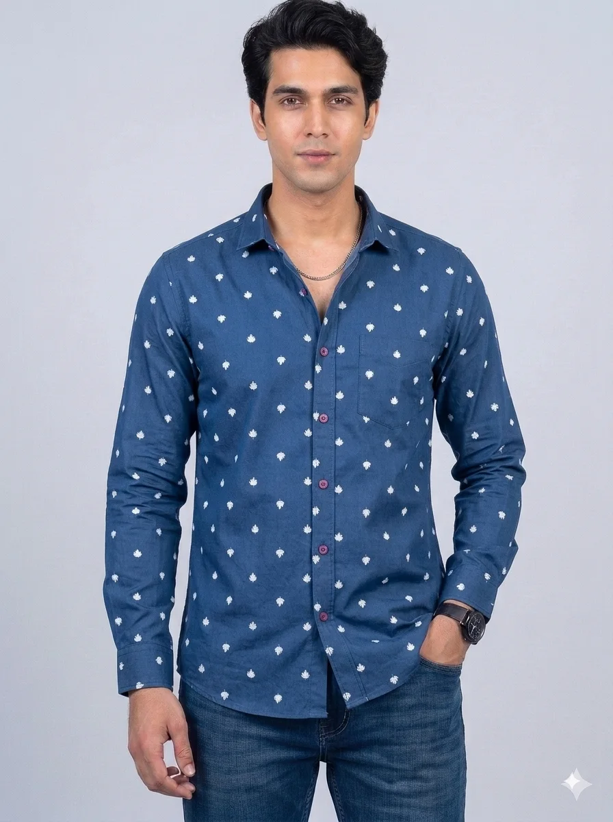 1786893773183 Men's Dark Blue Casual Printed Shirts - Image 1