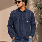 Men's Creeper Striped Double Pocket Shirts - Dark Blue