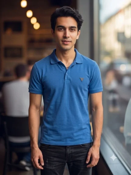 Men's Guess Solid Blue Collar Neck Tshirt